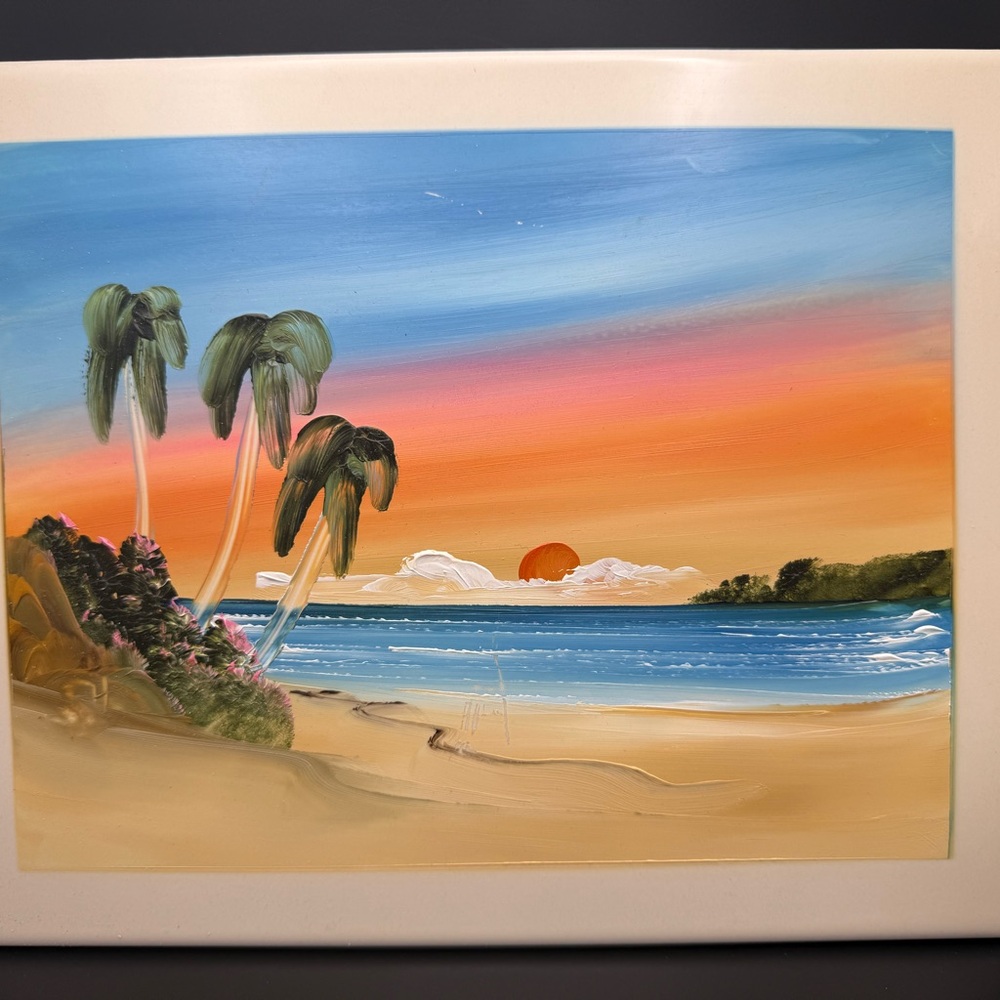 Hand painted Mexican tile sunset beach